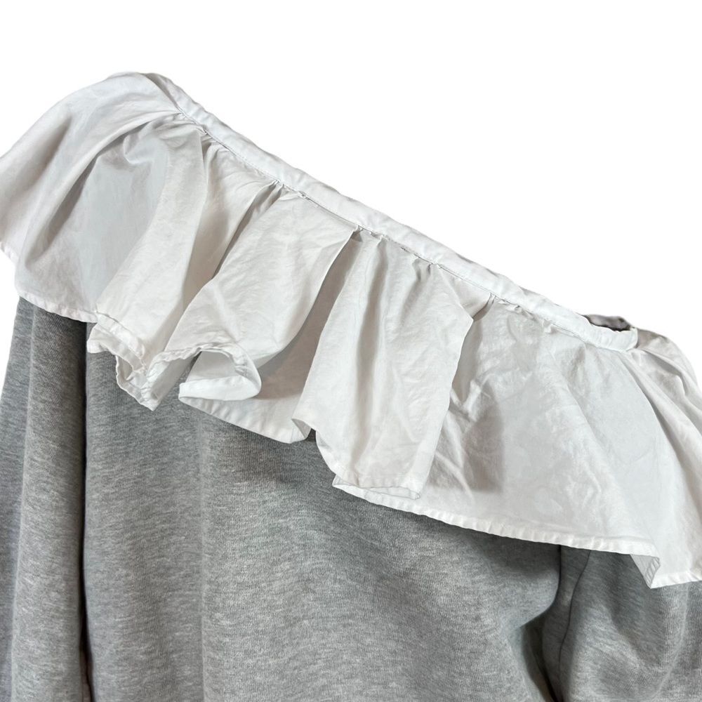 CLU One Shoulder Ruffled Sweatshirt In Heather Gray/White - Picture 3 of 10